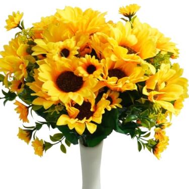 Imagem de Bairdish 6 pacotes de flores artificiais de girassóis, flores falsas de girassol de seda para buquê faça você mesmo, arranjos florais falsos para suporte de plantas, mesa de cozinha interna, centro de