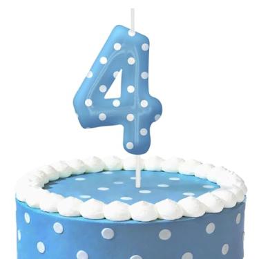 Imagem de Velas de aniversário de bolinhas azuis para bolo, velas número 4, decorações de aniversário, suprimentos de festa, topo de bolo de bolinhas para decoração de festa temática para meninos e meninas