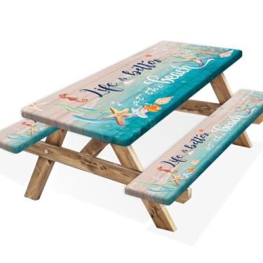 Imagem de JAWO Toalha de mesa de piquenique de praia com capas de banco e bolsa, toalha de mesa de piquenique ajustada para acampamento ao ar livre de 1,8 m com bordas elásticas para itens essenciais para