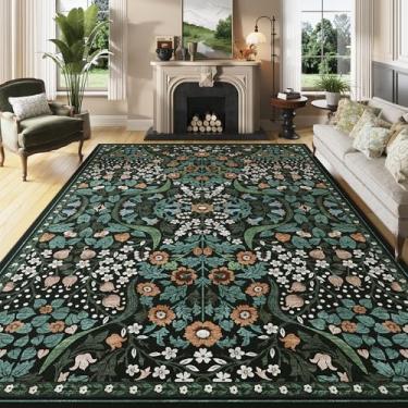 Imagem de ARKIIKI Tapete floral verde lavável 15 x 23 cm para sala de estar, tapete boho vintage macio, botânico, verde floresta, tapetes baixos para quarto, sala de jantar, dormitório, berçário, preto e verde