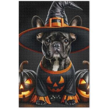 Imagem de Quebra-cabeça de Halloween buldogue abóbora preto 500 peças adultos arte animal quebra-cabeça grande presentes para jogo de elefante branco, 51 x 37 centímetros