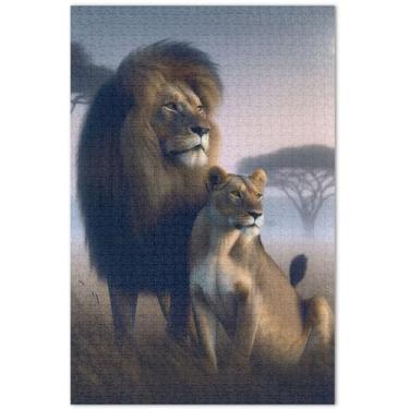 Imagem de Quebra-cabeça de cenário africano de casal de leões 1000 peças para adultos, engraçado, exclusivo, jogo de arte, 75 x 40 cm