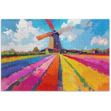 Imagem de Moinho de vento colorido personalizado pintura a óleo 1000 peças quebra-cabeças adultos família elefante branco presentes quebra-cabeças coloridos pintura de belas artes, 75 x 19,7 centímetros
