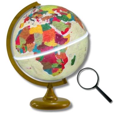 Imagem de GLOBO TERRESTRE FÍSICO HISTÓRICO LUMINOSO BASE OURO VELHO 30CM + LUPA DE MÃO