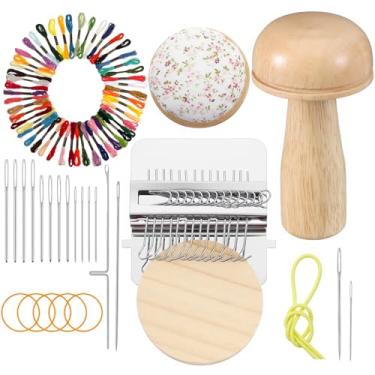 Imagem de O kit Darning Mushroom for Socks Darner inclui 14 ganchos, pequeno tear de tecelagem, 12 agulhas grandes para olhos 50 cores, linha para artesanato faça você mesmo, cuidados com costura doméstica