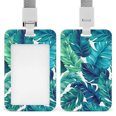 Imagem de Porta-crachá de identificação de textura de folhas tropicais verdes e turquesa sem costura com cordão, suporte de cartão de plástico com clipe de pressão removível para estudante, professor