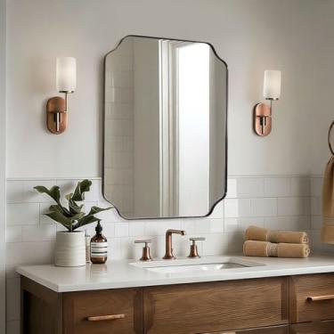 Imagem de ANDY STAR Espelho recortado de bronze escovado, espelho de banheiro de 56 x 76 cm, espelho recortado antigo em moldura de aço inoxidável premium, formato atemporal com estilo único, ideal para reforma