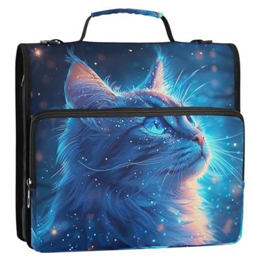 Imagem de Cute Cat Blue Stars Organizador de fichário com zíper com 3 anéis de 3,8 cm, bolsa escolar com alça de ombro, suporte para 500 folhas