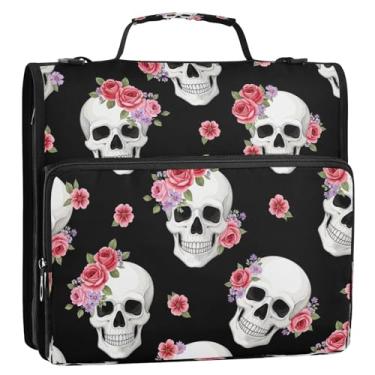 Imagem de Bolsa organizadora de fichário com zíper e caveiras brancas, flores florais, rosa, com alça, 3 anéis, 3 anéis, anel D de 3 cm, suporte para pasta para escola e escritório