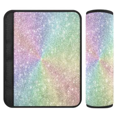 Imagem de Almofada de cinto de segurança com glitter arco-íris em flanela de poliéster macio, capas ajustáveis para almofadas de assento de carro, almofada de cinto de segurança para crianças