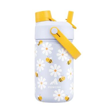 Imagem de Garrafa de água isolada de 340 g para crianças: tampa de bico de canudo 2 em 1, à prova de derramamento, livre de BPA, fácil de limpar, manter frio 24H, padrões de abelha fofos, copo de aço inoxidável