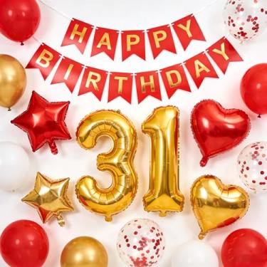 Imagem de Decorações de festa de aniversário de 31 anos, ouro vermelho, faixa de feliz aniversário, coração de estrela de confetes, 31 balões metálicos para homens e mulheres, ele para ela, suprimentos de