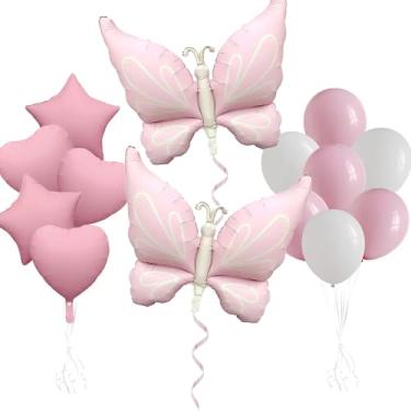 Imagem de BIEUFBJI Conjunto de decoração de festa de borboleta rosa balões de alumínio em forma de coração balão em forma de estrela balões de látex tema borboleta casamento aniversário decoração suprimentos