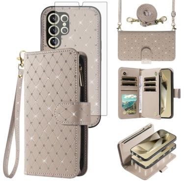 Imagem de Capa carteira compatível com Samsung Galaxy S24 Ultra 5G com zíper para celular e protetor de tela, alça transversal com glitter, suporte para cartão, capa para celular S24Ultra 24S S 24 24Ultra