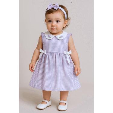 Imagem de Vestido de Bebê e Infantil Primavera Xadrez Lilás Luxo 100 Algodão Mun