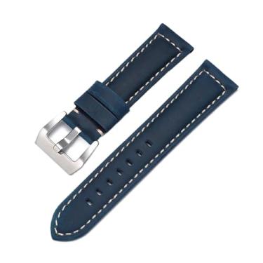 Imagem de VEVEL Pulseira masculina de couro genuíno para Panerai couro bovino Crazy Horse, pulseira lisa de 20 mm, 22 mm, 24 mm, 26 mm (azul-prata, 22 mm)