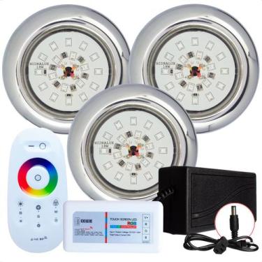 Imagem de Kit 3 Refletores Led 18w RGB Inox e Comando para Iluminação Piscina - 