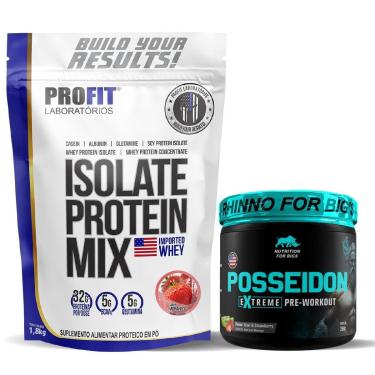 Imagem de Kit Whey Protein Mix 1,8Kg Profit Cookies + Pré Treino Posseidon Morango C/Kiwi-Unissex