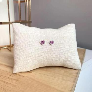 Imagem de Brinco de Prata Coração Pequeno Cravejado Rosa Pink - J A JOIAS