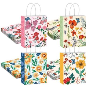 Imagem de woric Pacote com 20 sacos de presente florais com alças, saco de papel floral vintage de 4 estilos para lembrancinhas de festa, casamentos, dia das mães, chá de bebê, aniversário, primavera (21 x 16 x