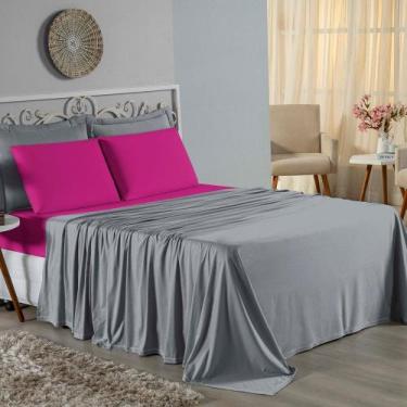 Imagem de Jogo de Cama Casal Viúva Nobre 4 Peças Malha 100% Algodão - Cinza / Pi
