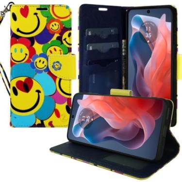 Imagem de Zase Capa protetora carteira para celular Motorola Moto G 5G (2025/2026) e Moto G Play (2026) [bloqueio RFID] Bolsa de couro PU fecho magnético com suporte para cartão e alça de pulso (Smiley Face)