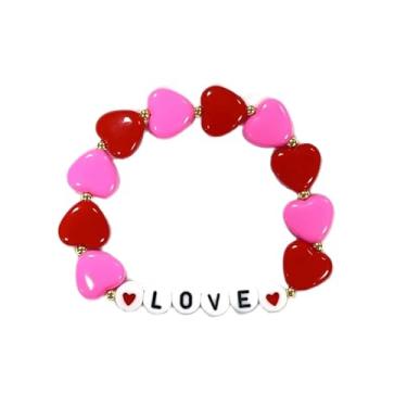 Imagem de COLORFUL BLING LOVE Letters Pulseira elástica em forma de coração com contas para anunciar o dia dos namorados para mulheres meninas joias presentes rosa vermelho fluorescência brilhante casal, Small,