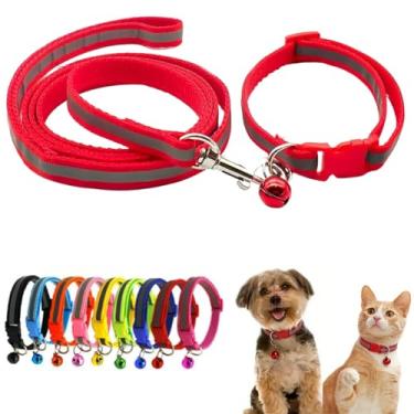 Imagem de Conjunto de coleira de cachorro XS com coleira de sino, coleiras reflexivas básicas de nylon para filhotes de cachorro XXS Xs pequeno gato animal de estimação areia pequena gatinho meninas, vermelho