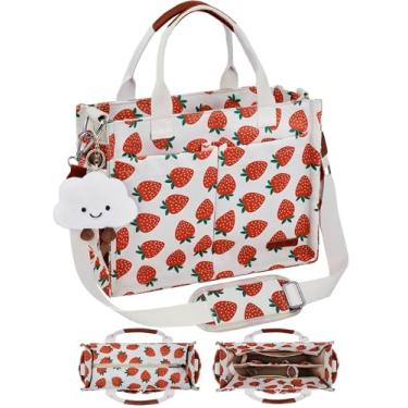 Imagem de BESBESME Bolsa de lona feminina com zíper e compartimentos – Bolsa tiracolo grande para laptop para trabalho e faculdade, Bege e morango grande, Medium