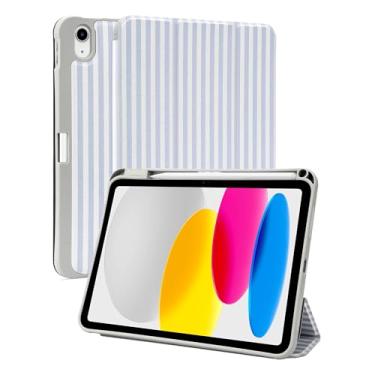 Imagem de Yebowe Compatível com iPad 9ª/8ª/7ª geração, capa de 10,2 polegadas (versão 2021/2020/2019), com suporte para lápis, lindo design estético listrado macio, protetor de três dobras, azul