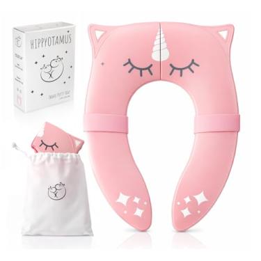 Imagem de Hippypotamus Assento sanitário de viagem para crianças pequenas - Assento de treinamento dobrável - Capa de assento de vaso sanitário portátil para bebês e crianças (unicórnio rosa)