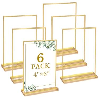 Imagem de Floroom Pacote com 6 suportes de placa de acrílico transparente de 10 x 15 cm, porta-retratos dourados dupla face para números de mesa, menus, panfletos, casamentos e escritórios
