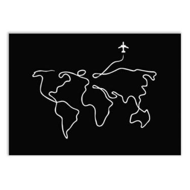Imagem de Placa Decorativa Mapa Mundi Minimalista Avião Paises Decoração Poster Quarto Sala