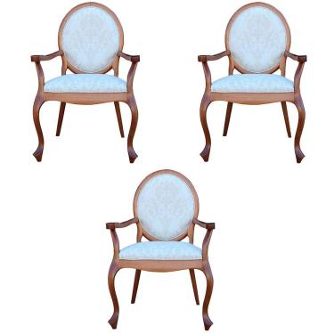 Imagem de Kit 03 Poltronas Decorativas Sala de Estar Base Madeira Maciça Adrie Sarja Bege/Amêndoa Mel GranBelo