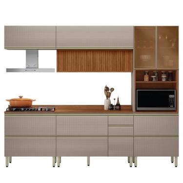 Imagem de Cozinha Modulada Proença 5 Peças Com Aéreo 120cm Ripado Nogueira Touch-nude Prime Tx - Demartêz