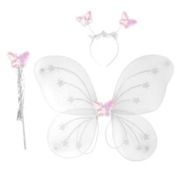 Imagem de Kit Fantasia Infantil de Fada com Asa de Borboleta, Tiara e Varinha Carnaval Festas (Branco)