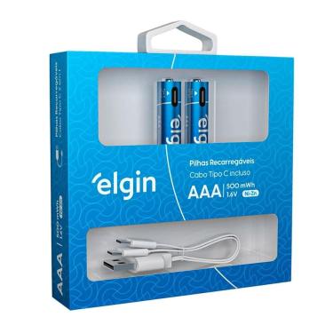 Imagem de Pilha Recarregável AAA Elgin 82428 - 300mAh - Cabo USB-C - 2 unidades