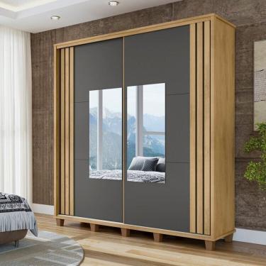 Imagem de Guarda-roupa Casal Monte Carlo 2 Portas Ripadas de Correr com Espelho 4 Gavetas Internas e Maleiros Cinamomo/ Grafite