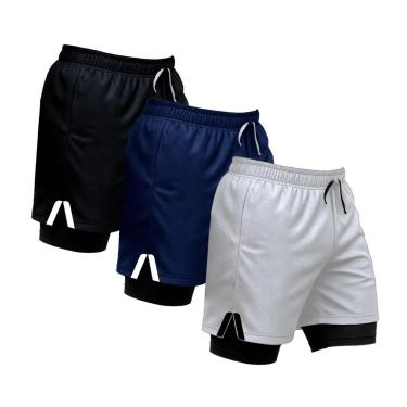 Imagem de Kit 3 Shorts Masculinos de Treino com Forro Interno Faixa Lateral e Ajuste Seguro-Masculino