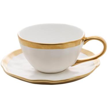 Imagem de Xícara Chá C/ Pires em Porcelana Dubai Branco/Dourado 200ml - WOLFF