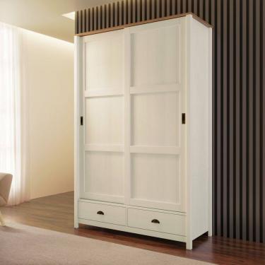 Imagem de Guarda Roupa Solteiro 9178BF Topázio Madeira Maciça 2 Portas Correr 2 Gavetas Branco Freijó Finestra