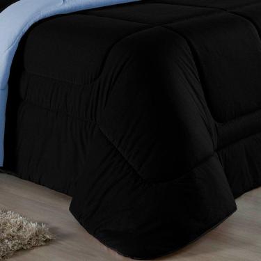 Imagem de Kit Edredom Dupla Face + Jogo De Lençol Casal Nobre 6 Peças Malha 100% Algodão - Preto / Azul-bebê