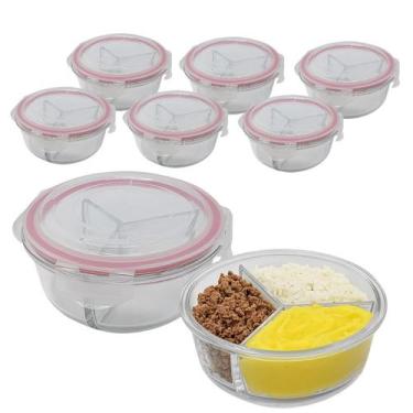 Imagem de Kit 6 Potes De Vidro 875ml 3 Divisórias Hermético Marmita Fit Com Trav