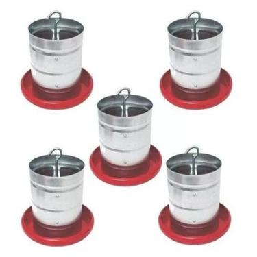 Imagem de Kit 5 Comedouros Aves 5kg Suspenso Galvanizado Prato Plástico com Regu