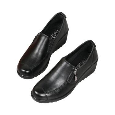 Imagem de Sapatos Casuais Femininos Em Couro Genuíno Preto, Confortáveis Para Pr