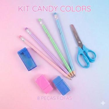 Imagem de Kit Material Escolar Fofo 8 Pecas Lapis Pastel Tesoura Sem Ponta Apont