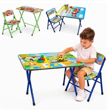 Imagem de Mesa Infantil Dobrável com Cadeira Kit para Estudos Lanche e Atividades Azul Estrutura em Aço Carbono Yeet