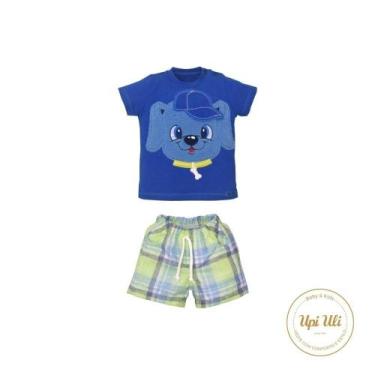 Imagem de Conjunto Bebê Menino Azul Xadrez Suedine Samuel Cachorrinho - Upi Ulli