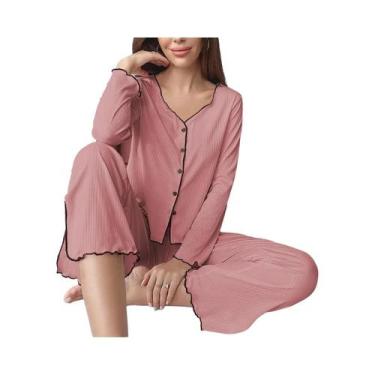 Imagem de Conjunto De Pijama Feminino De Outono Inverno Em Cor Sólida, Manga Lon