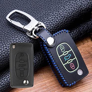 Imagem de WSWJDW Couro Car Key Case Cover Keychain Ring Key Bag, apto para Peugeot 107 206 207 208 306 307 301 308S 407 2008 3008 4008 5008 RCZ Citroen C2 C3 C4 C5, B, Azul